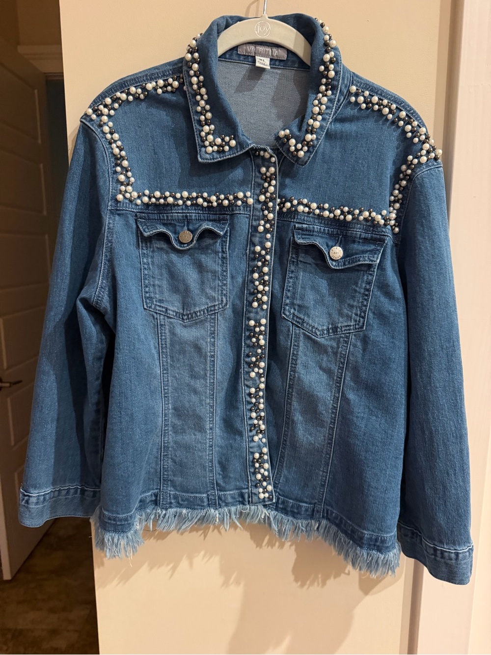 Pearl-Trim Blue Denim Jacket for Women